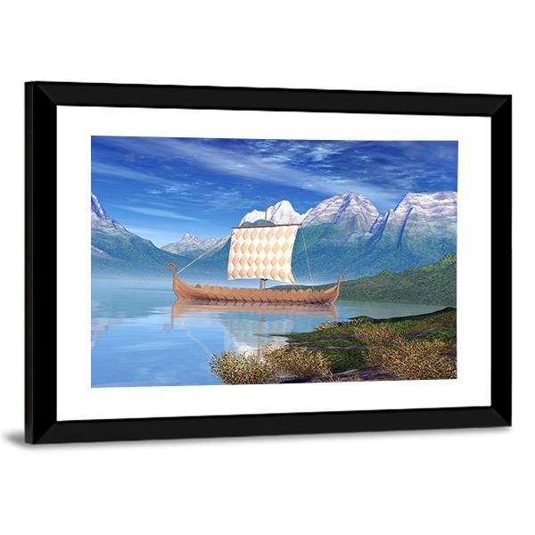 View Of Viking Ship Canvas Wall Art-5 Horizontal-Gallery Wrap-22" x 12"-Tiaracle