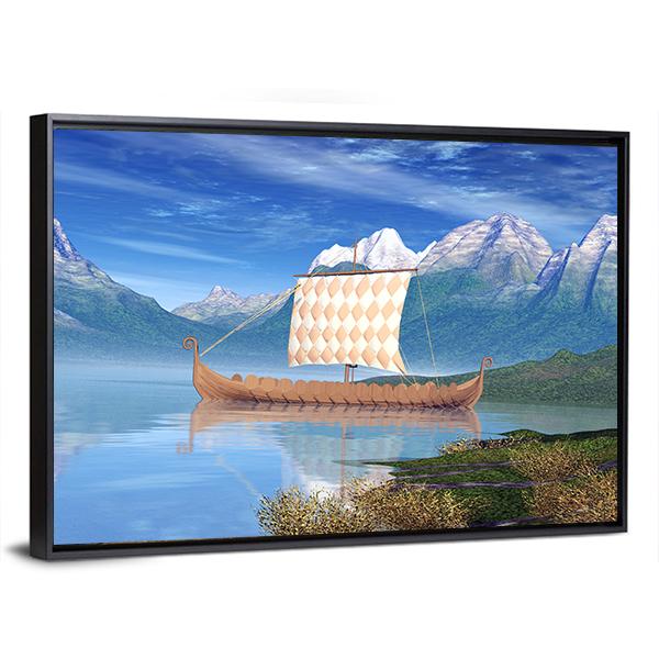 View Of Viking Ship Canvas Wall Art-5 Horizontal-Gallery Wrap-22" x 12"-Tiaracle