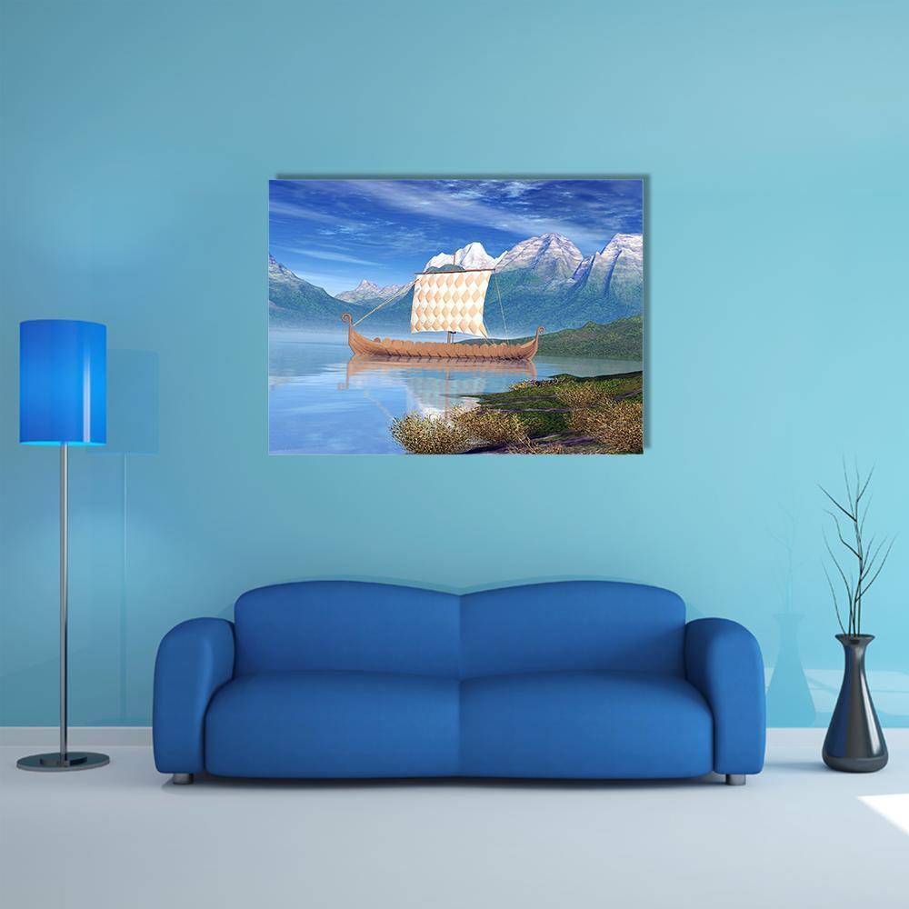 View Of Viking Ship Canvas Wall Art-5 Star-Gallery Wrap-62" x 32"-Tiaracle