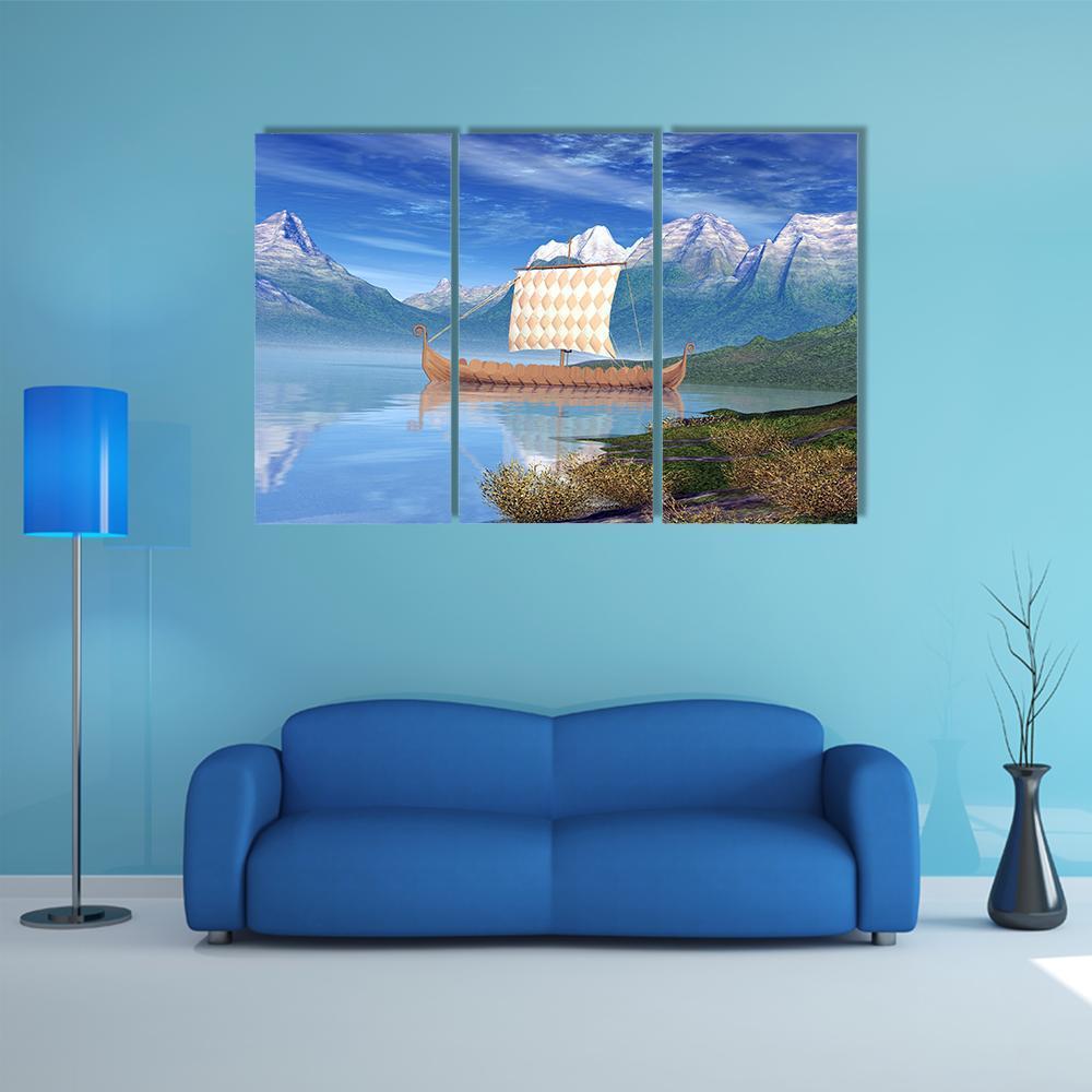 View Of Viking Ship Canvas Wall Art-3 Horizontal-Gallery Wrap-37" x 24"-Tiaracle