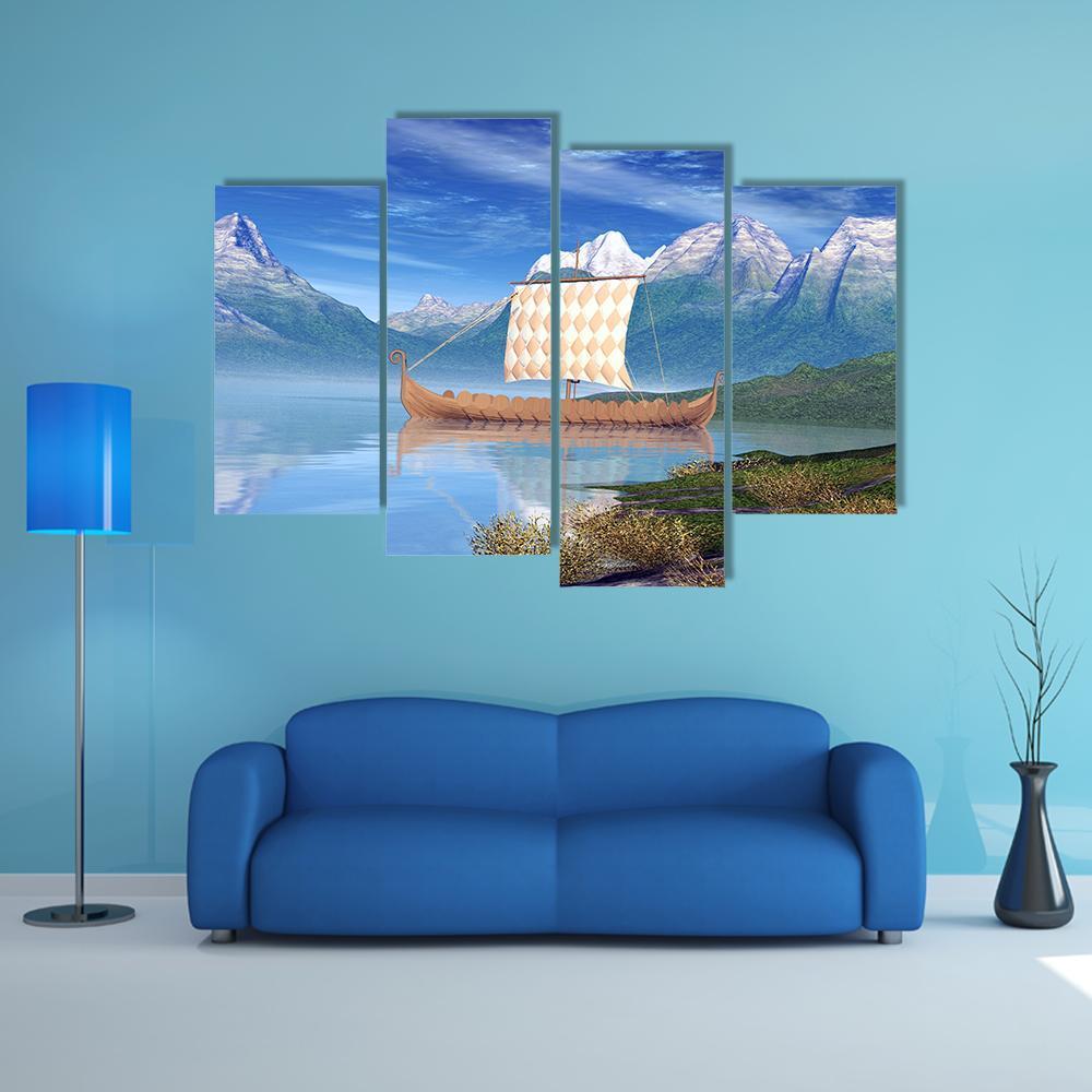 View Of Viking Ship Canvas Wall Art-4 Pop-Gallery Wrap-50" x 32"-Tiaracle