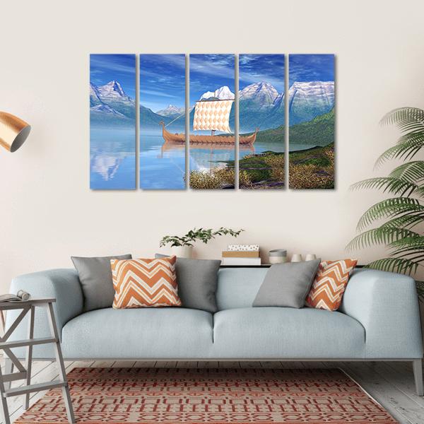 View Of Viking Ship Canvas Wall Art-5 Horizontal-Gallery Wrap-22" x 12"-Tiaracle