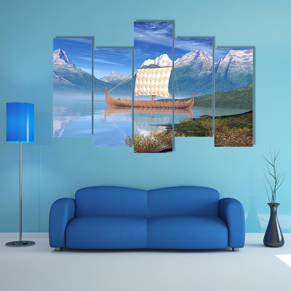 View Of Viking Ship Canvas Wall Art-5 Pop-Gallery Wrap-47" x 32"-Tiaracle