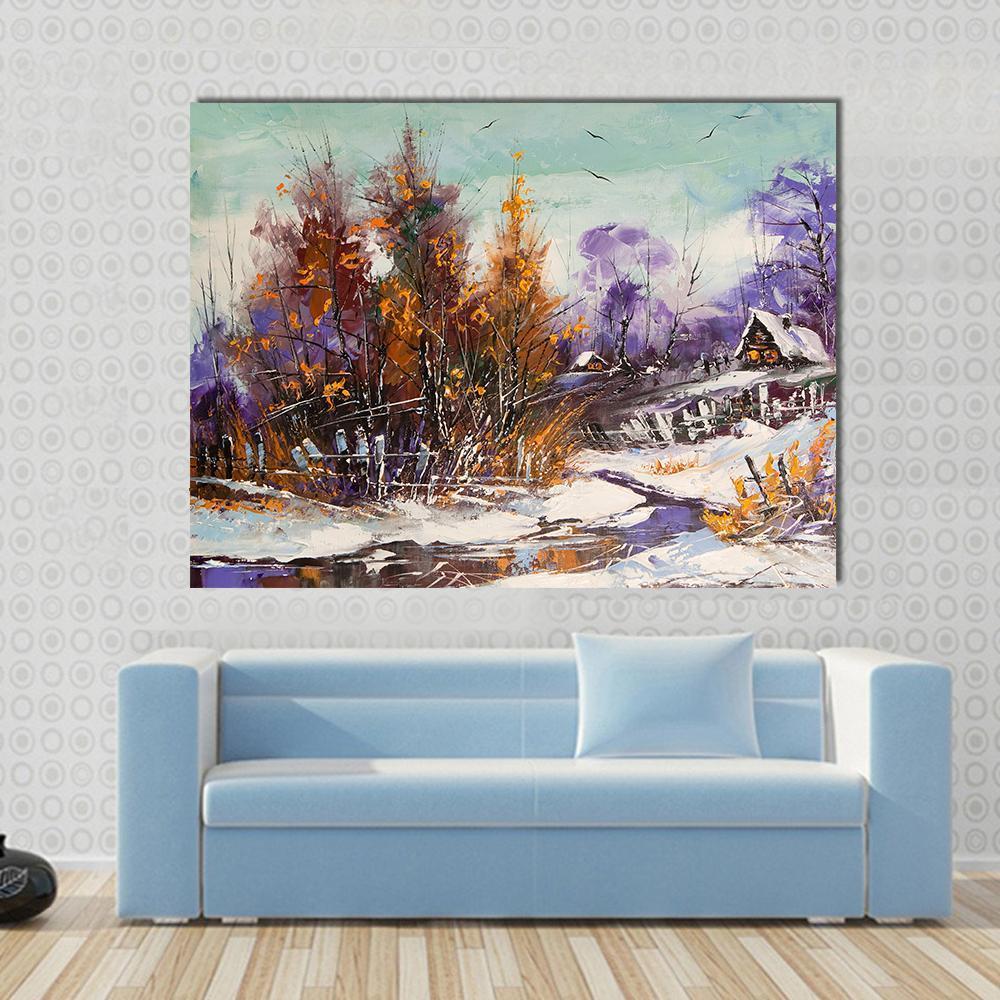 Winter Village Scene Canvas Wall Art in white, brown and purple, single panel hung on a wall