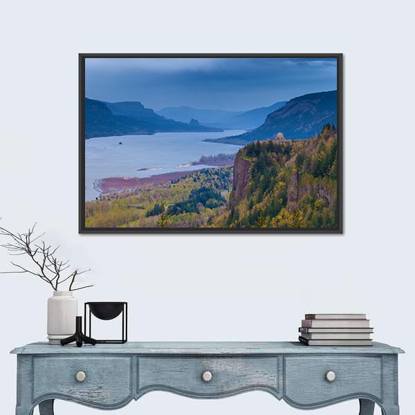 View Of Vista House And Columbia River Canvas Wall Art-1 Piece-Floating Frame-24" x 16"-Tiaracle