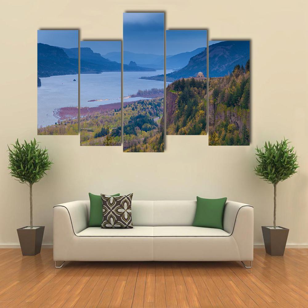 View Of Vista House And Columbia River Canvas Wall Art-5 Pop-Gallery Wrap-47" x 32"-Tiaracle