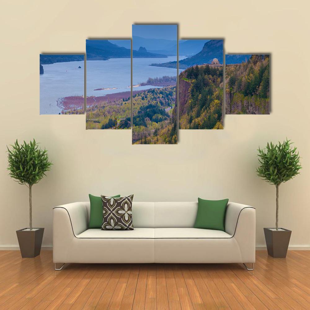 View Of Vista House And Columbia River Canvas Wall Art-5 Star-Gallery Wrap-62" x 32"-Tiaracle