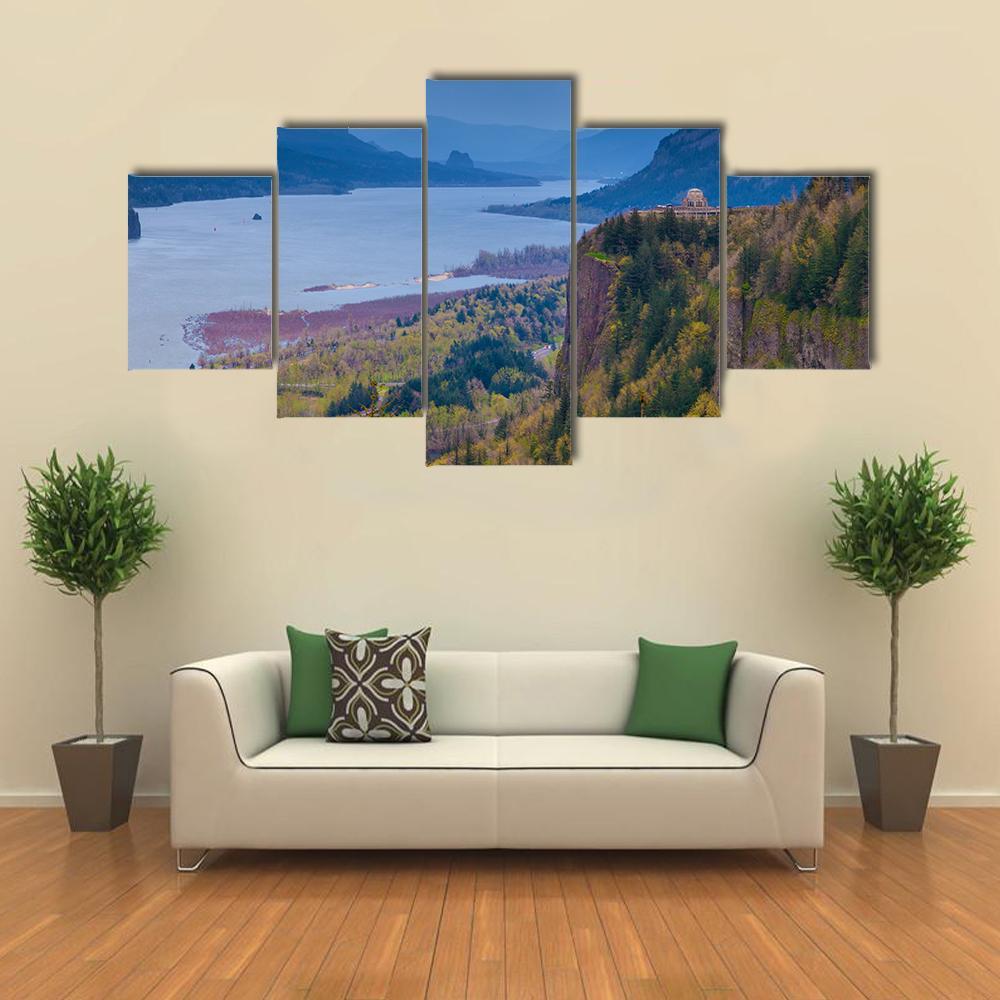 View Of Vista House And Columbia River Canvas Wall Art-3 Horizontal-Gallery Wrap-37" x 24"-Tiaracle