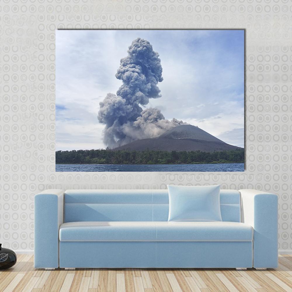 Volcano Eruption Anak Krakatau Indonesia Canvas Wall Art in white, gray and blue, single panel hung on a wall