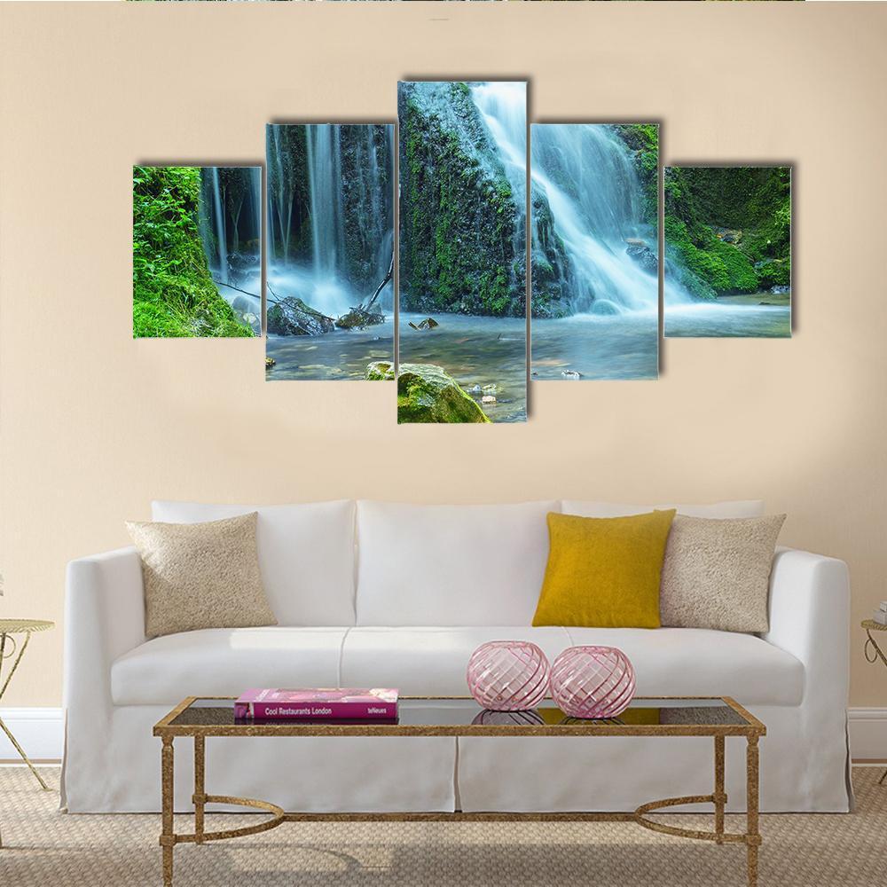 View Of Waterfall Canvas Wall Art-5 Star-Gallery Wrap-62" x 32"-Tiaracle