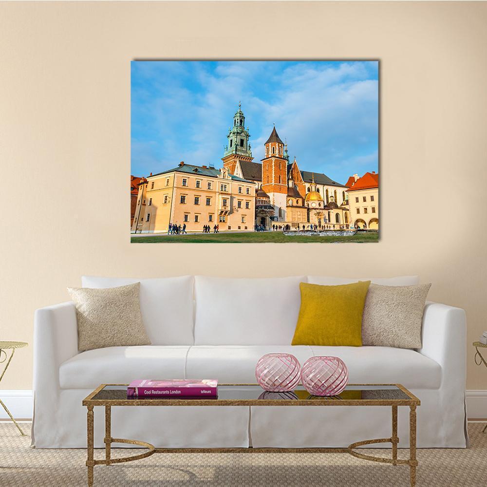 Wawel Castle in Krakow Canvas Wall Art in beige, yellow and blue, single panel hung on a wall