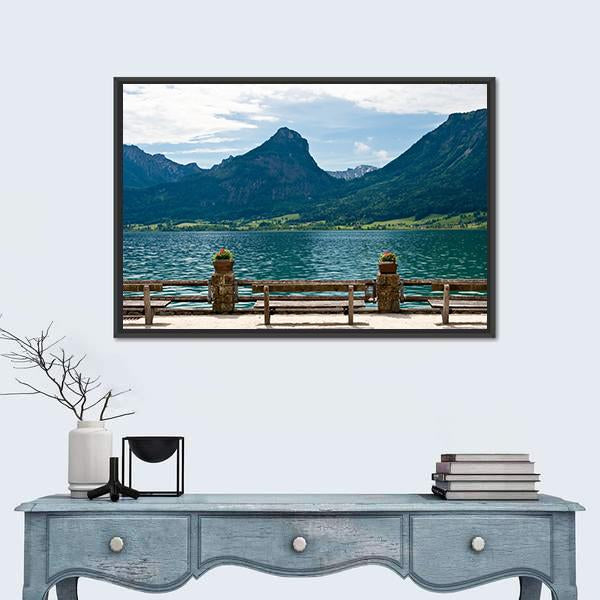 Wolfgangsee View from St Wolfgang Canvas Wall Art in green and blue, framed canvas, product view on a white background
