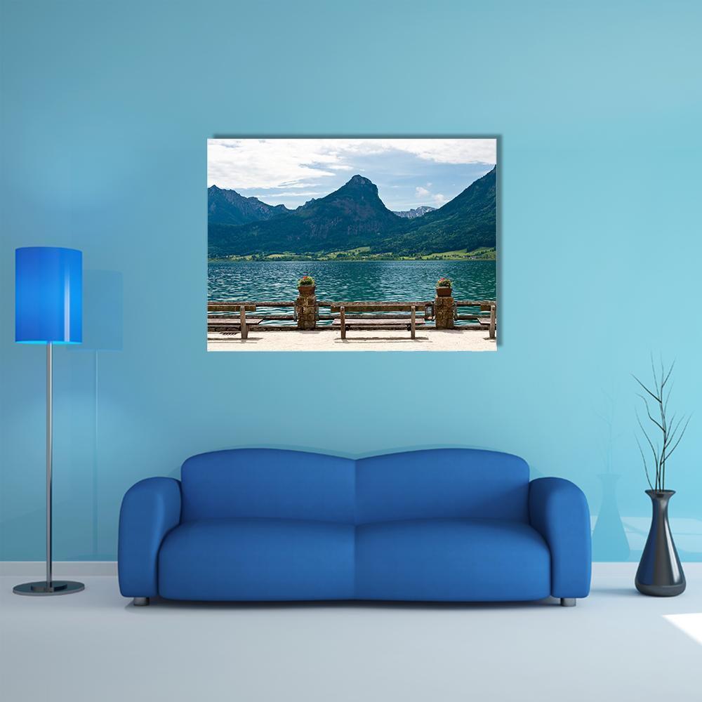 View of Wolfgangsee from St Wolfgang Canvas Wall Art in white, green and blue, single panel hung on a wall