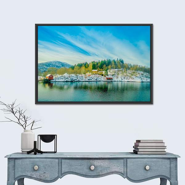 View Of Wooden Houses In A Coastal Scene Canvas Wall Art-1 Piece-Floating Frame-24" x 16"-Tiaracle