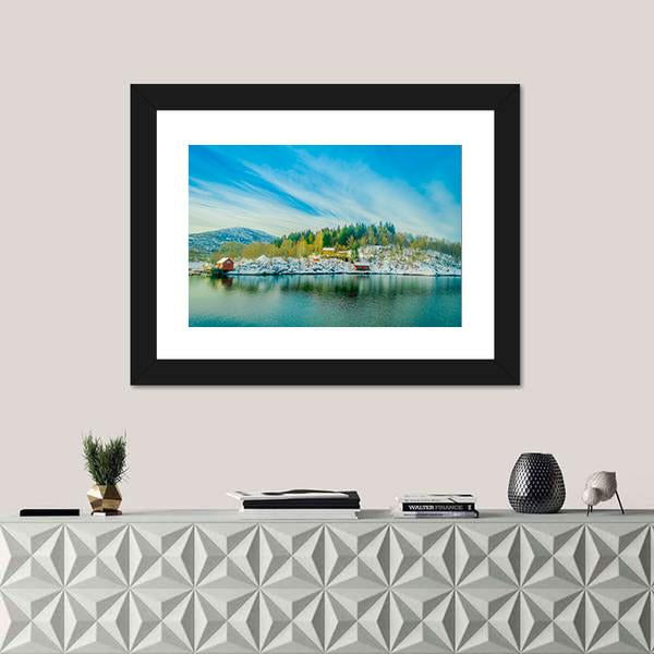 View Of Wooden Houses In A Coastal Scene Canvas Wall Art-1 Piece-Framed Print-20" x 16"-Tiaracle