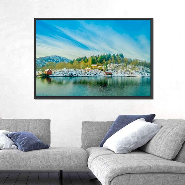 View Of Wooden Houses In A Coastal Scene Canvas Wall Art-3 Horizontal-Gallery Wrap-25" x 16"-Tiaracle