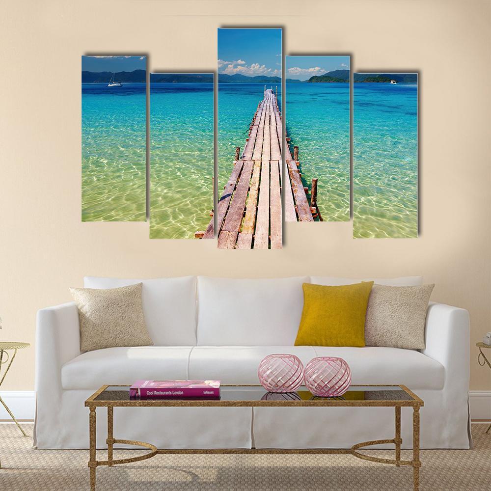 View Of Wooden Pier In Thailand Canvas Wall Art-5 Pop-Gallery Wrap-47&quot; x 32&quot;-Tiaracle