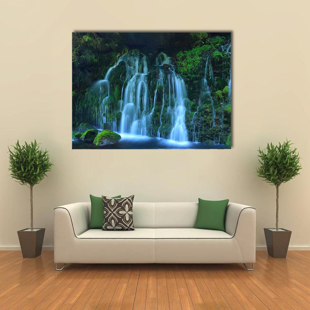 Xia Yuan Waterfall View Canvas Wall Art in black, green and blue, single panel hung on a wall