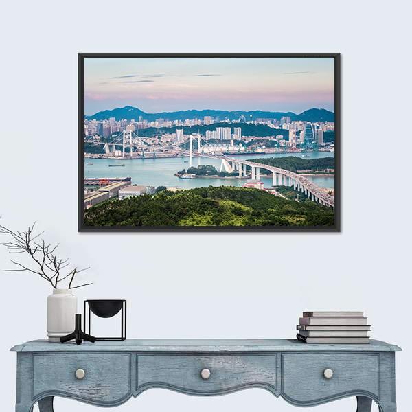 View Of Xiamen Haicang Bridge At Dusk Canvas Wall Art-1 Piece-Floating Frame-24" x 16"-Tiaracle