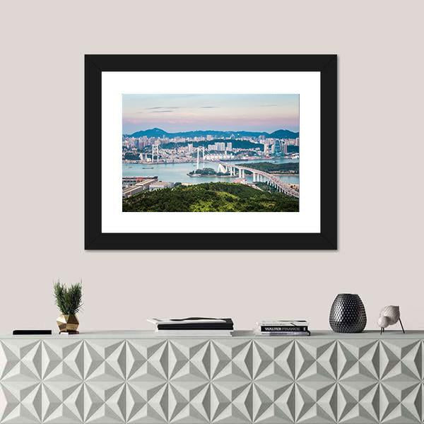 View Of Xiamen Haicang Bridge At Dusk Canvas Wall Art-1 Piece-Framed Print-20" x 16"-Tiaracle
