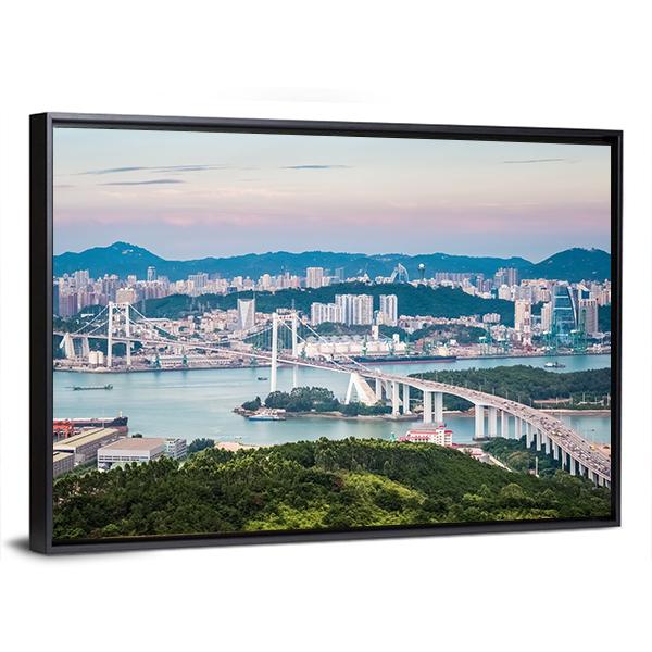 View Of Xiamen Haicang Bridge At Dusk Canvas Wall Art-3 Horizontal-Gallery Wrap-25" x 16"-Tiaracle