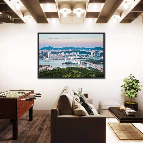 View Of Xiamen Haicang Bridge At Dusk Canvas Wall Art-3 Horizontal-Gallery Wrap-25" x 16"-Tiaracle