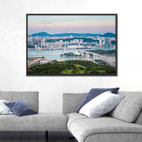 View Of Xiamen Haicang Bridge At Dusk Canvas Wall Art-3 Horizontal-Gallery Wrap-25" x 16"-Tiaracle