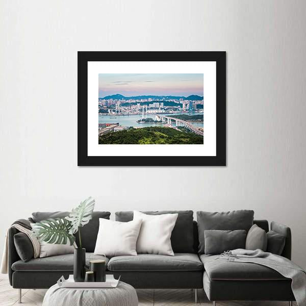View Of Xiamen Haicang Bridge At Dusk Canvas Wall Art-3 Horizontal-Gallery Wrap-25" x 16"-Tiaracle