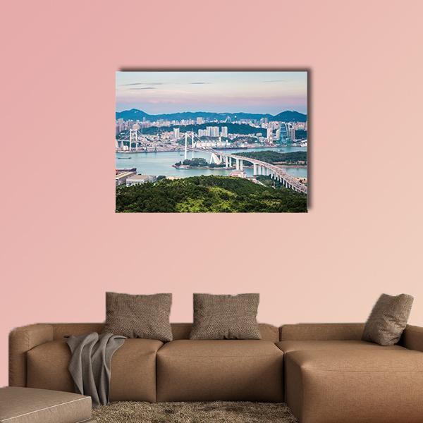 View Of Xiamen Haicang Bridge At Dusk Canvas Wall Art-1 Piece-Gallery Wrap-48" x 32"-Tiaracle