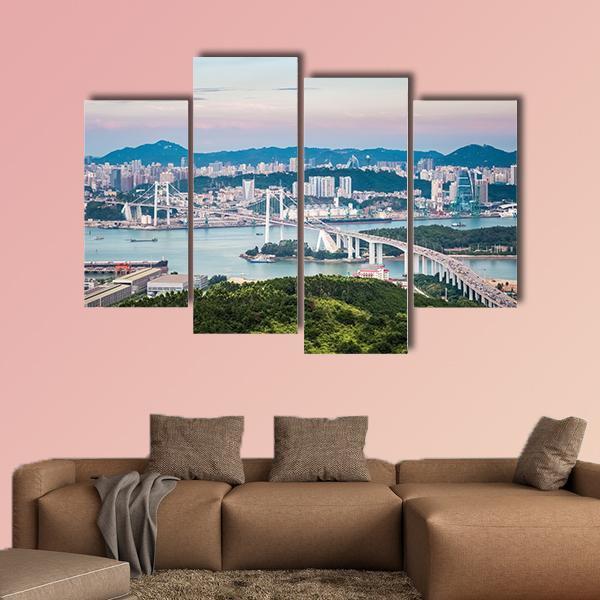 View Of Xiamen Haicang Bridge At Dusk Canvas Wall Art-4 Pop-Gallery Wrap-50" x 32"-Tiaracle