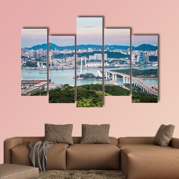 View Of Xiamen Haicang Bridge At Dusk Canvas Wall Art-5 Pop-Gallery Wrap-47" x 32"-Tiaracle
