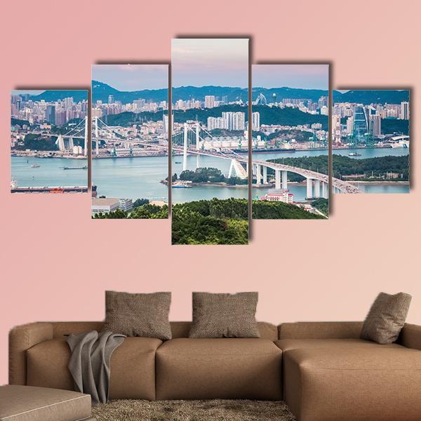 View Of Xiamen Haicang Bridge At Dusk Canvas Wall Art-5 Star-Gallery Wrap-62" x 32"-Tiaracle