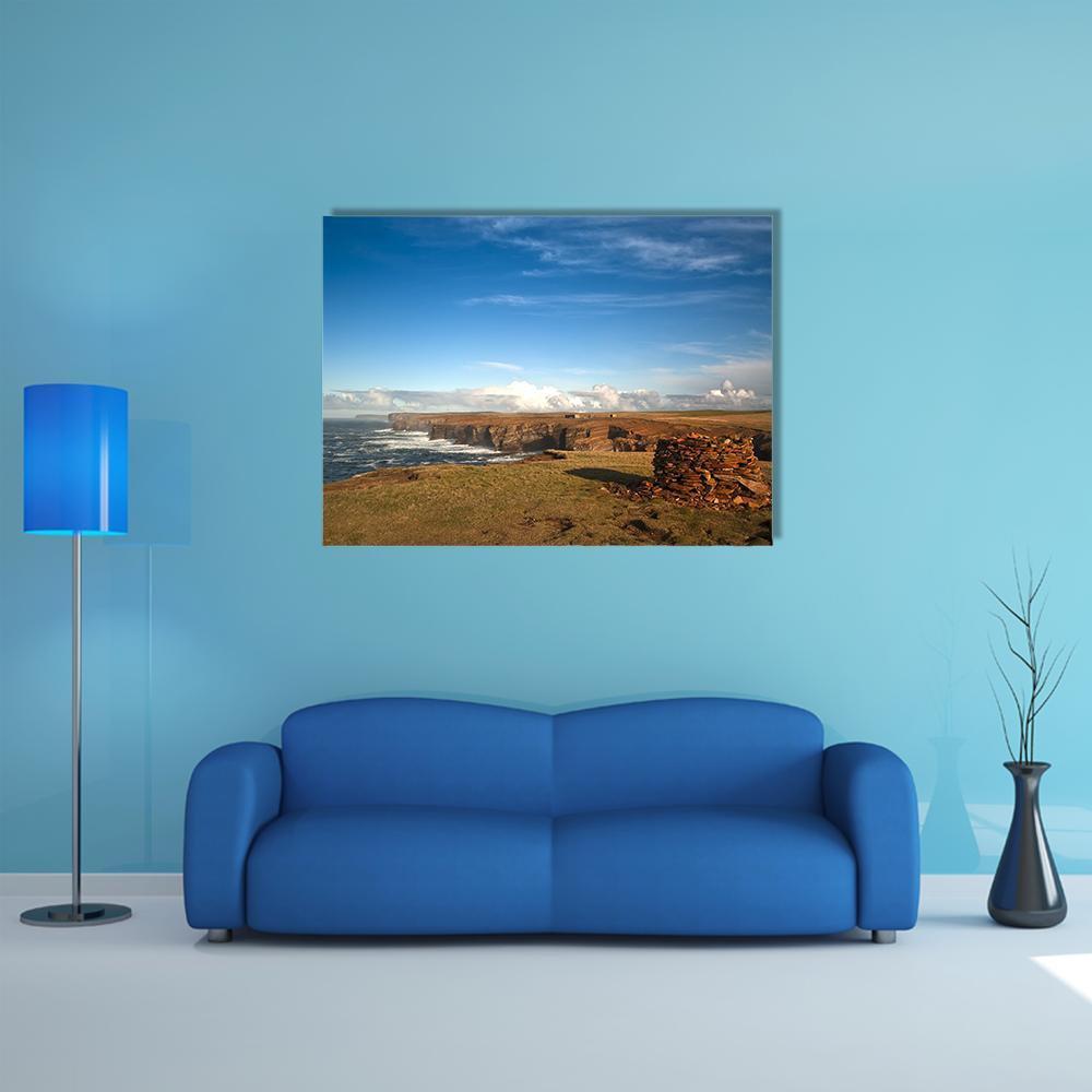 Yesnaby Cliffs, Orkney Coast Canvas Wall Art in brown, green and blue, single panel hung on a wall