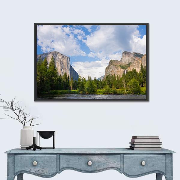 View Of Yosemite Valley Canvas Wall Art-1 Piece-Floating Frame-24" x 16"-Tiaracle