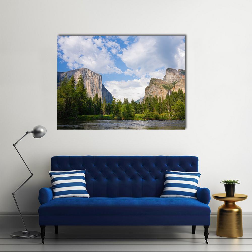 Yosemite Valley View Canvas Wall Art in gray, green and blue, single panel hung on a wall