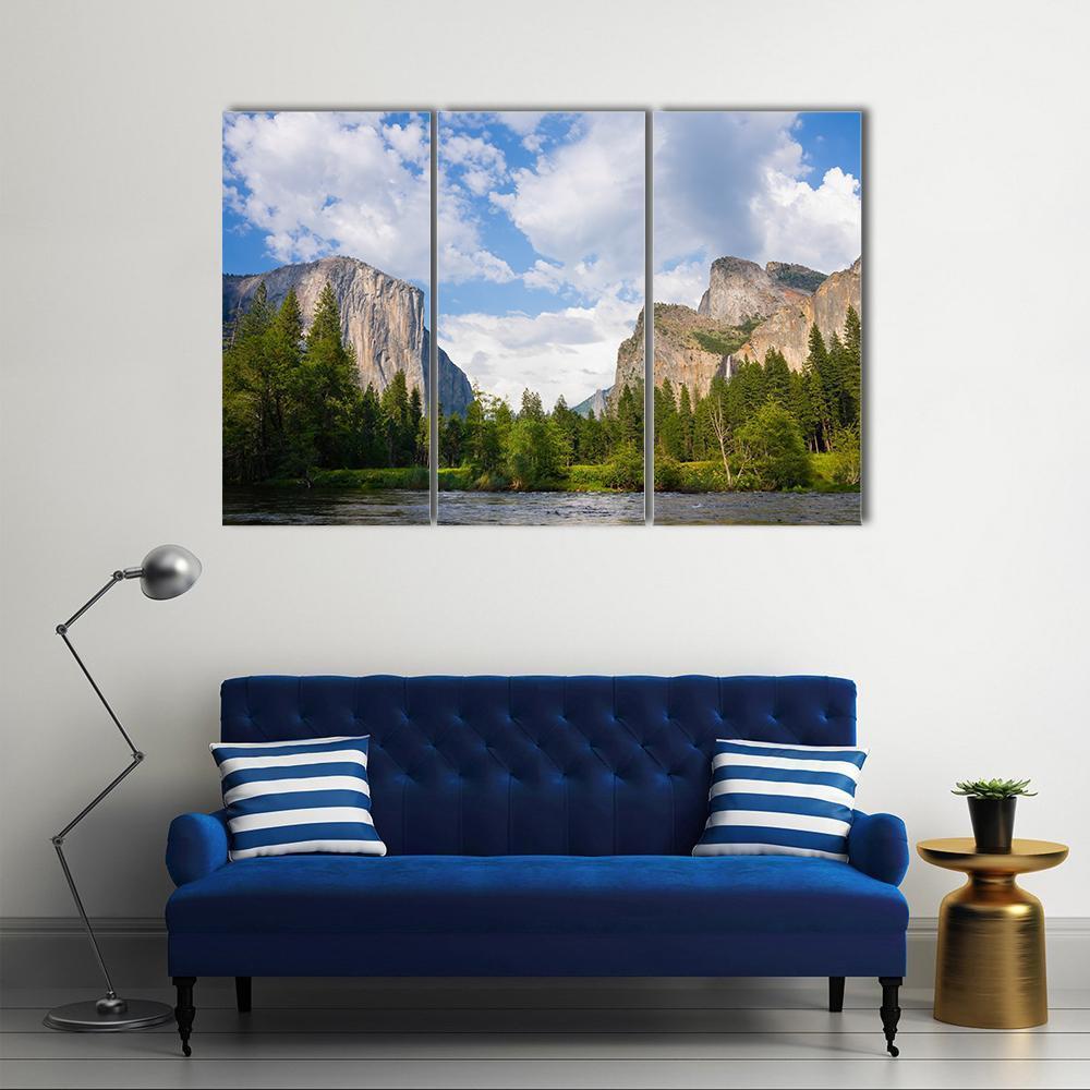 Yosemite Valley View with El Capitan Canvas Wall Art in gray, green and blue, 3 panel horizontal set hung on a wall