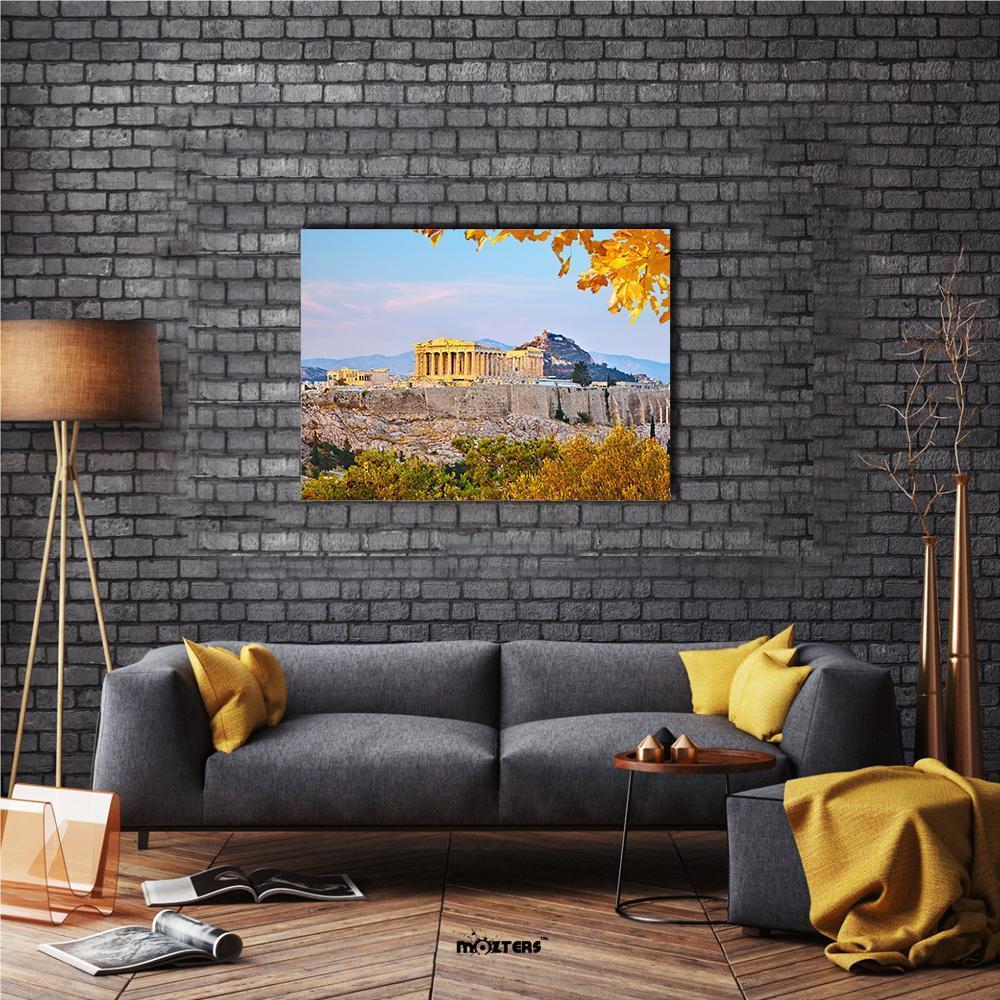 Acropolis at Sunset Canvas Wall Art in gold, yellow and blue, single panel hung on a wall