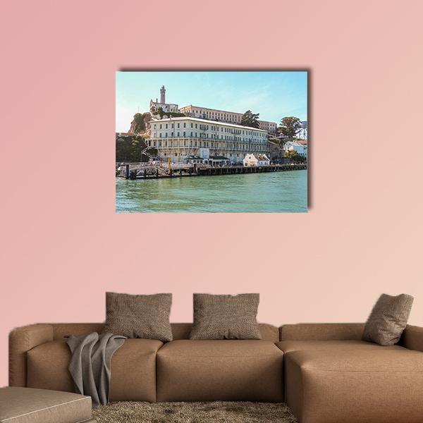 Arrival at Alcatraz Island Canvas Wall Art in beige, brown and blue, single panel hung on a wall