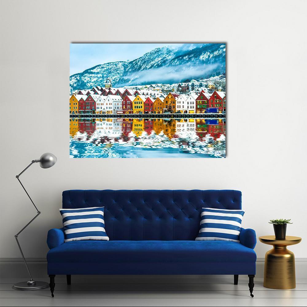 Bergen Winter Harbor Reflection Canvas Wall Art in white, blue and multicolor, single panel hung on a wall