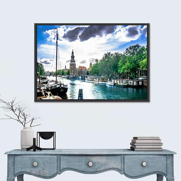 View On Canal And Traditional Buildings In Amsterdam Canvas Wall Art-1 Piece-Floating Frame-24&quot; x 16&quot;-Tiaracle