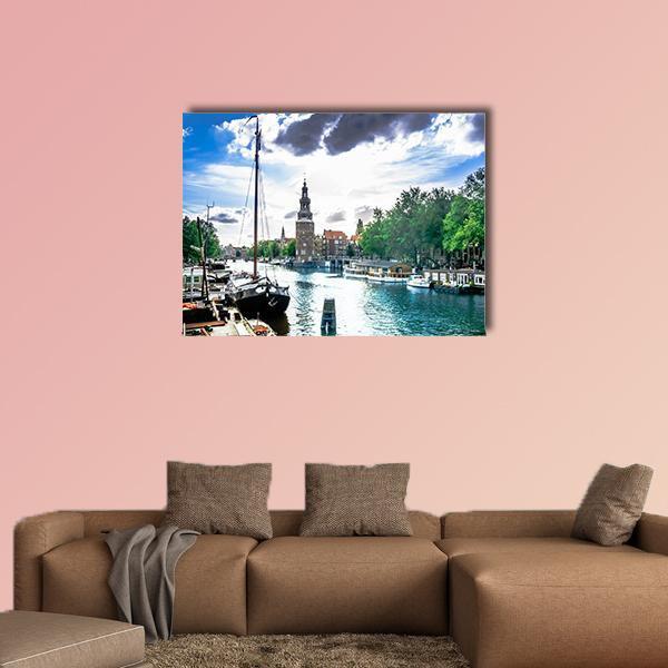 Amsterdam Canal with Traditional Buildings Canvas Wall Art in white, green and blue, single panel hung on a wall