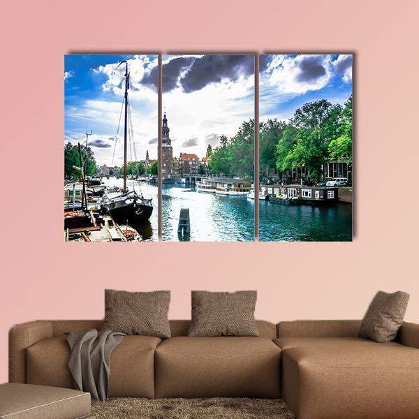 View On Canal And Traditional Buildings In Amsterdam Canvas Wall Art-3 Horizontal-Gallery Wrap-37" x 24"-Tiaracle