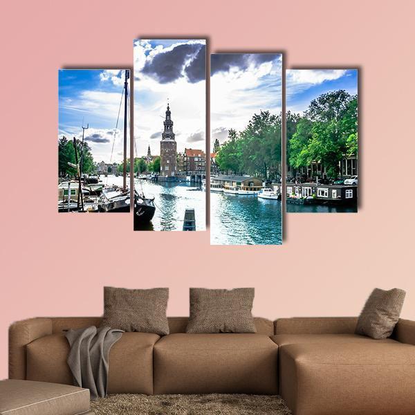 View On Canal And Traditional Buildings In Amsterdam Canvas Wall Art-4 Pop-Gallery Wrap-50" x 32"-Tiaracle