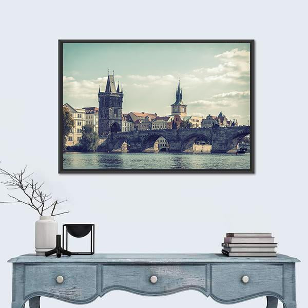 View On Charles Bridge In Prague Canvas Wall Art-1 Piece-Floating Frame-24" x 16"-Tiaracle