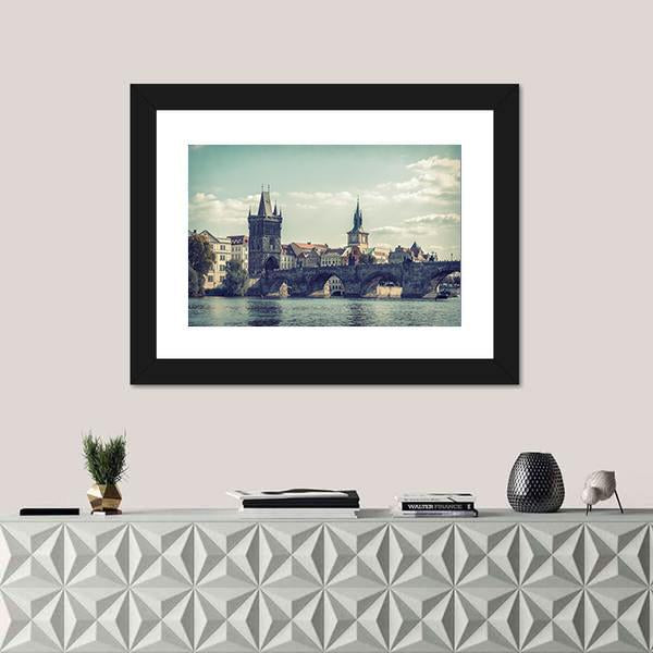 View On Charles Bridge In Prague Canvas Wall Art-1 Piece-Framed Print-20" x 16"-Tiaracle