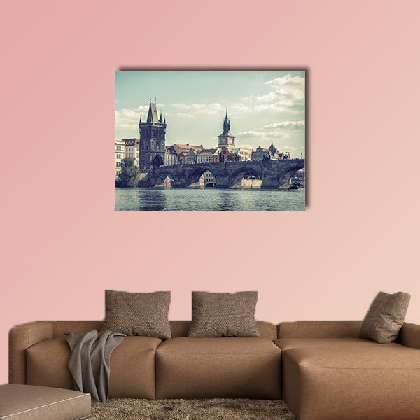 Charles Bridge View in Prague Canvas Wall Art in gray, beige and blue, single panel hung on a wall