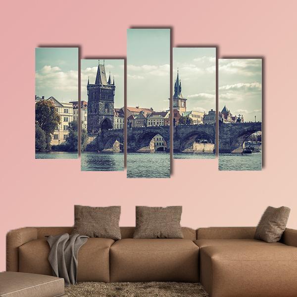 View On Charles Bridge In Prague Canvas Wall Art-5 Pop-Gallery Wrap-47" x 32"-Tiaracle