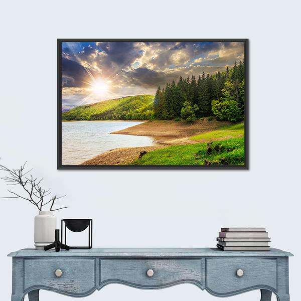 View On Lake Near The Forest Canvas Wall Art-1 Piece-Floating Frame-36" x 24"-Tiaracle
