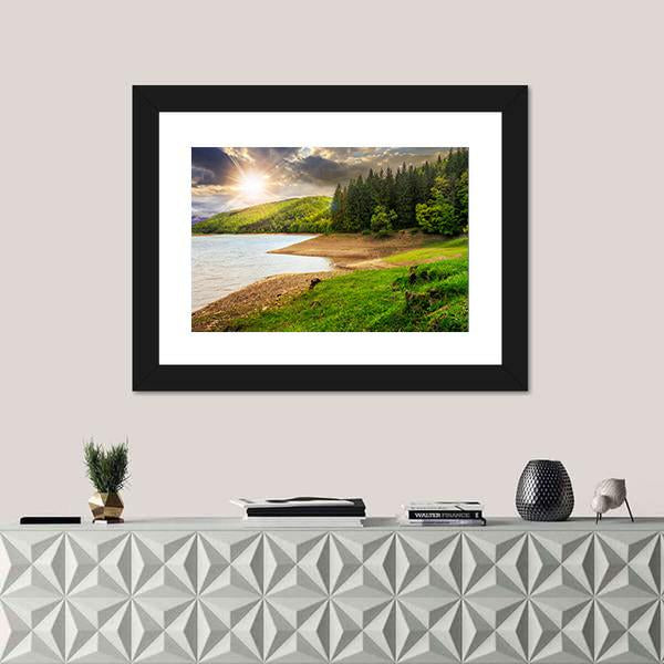 View On Lake Near The Forest Canvas Wall Art - Tiaracle