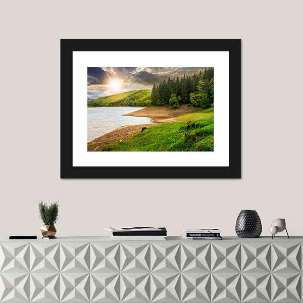 View On Lake Near The Forest Canvas Wall Art-1 Piece-Framed Print-20" x 16"-Tiaracle